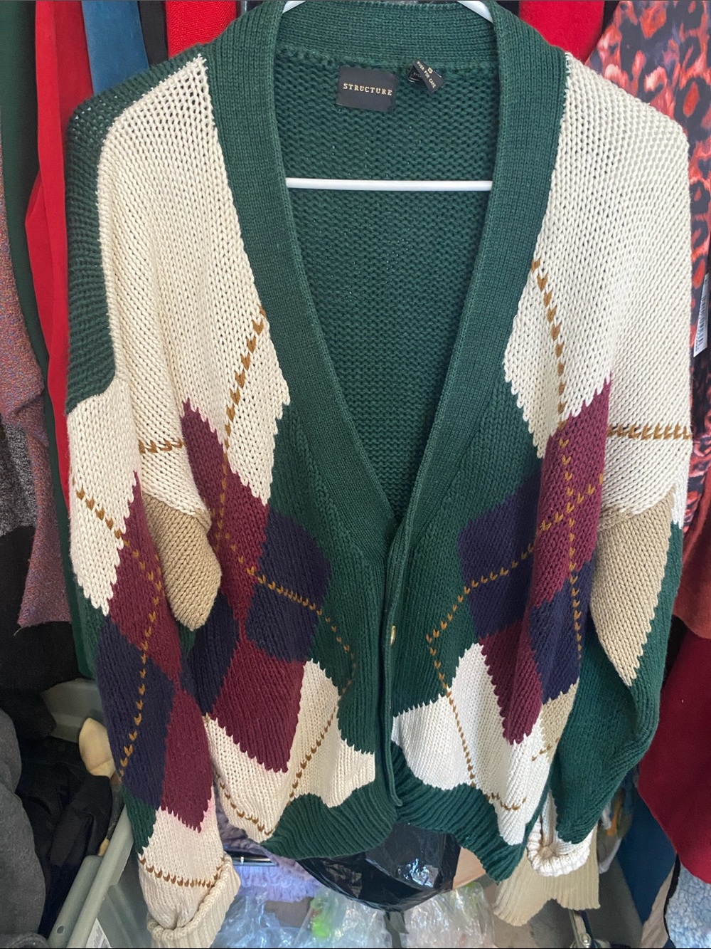 Structure Argyle Knit Cardigan in Green, Cream, Maroon and Navy